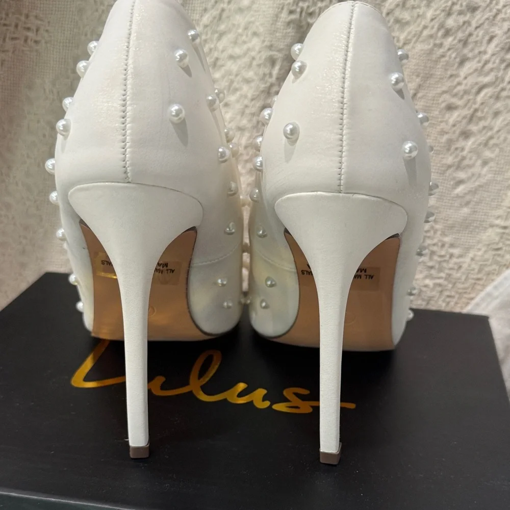 Lulu's White Pearl-Embellished Pointed Toe Stiletto Heels
